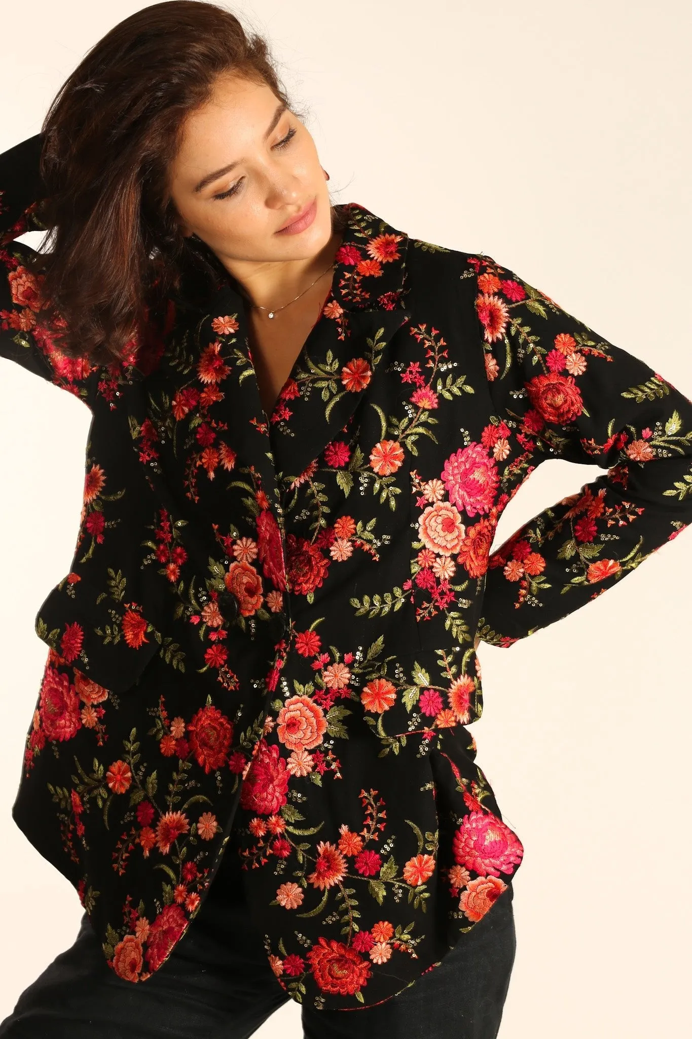 Black Rose Embroidered Novelty Blazer Jacket for Women