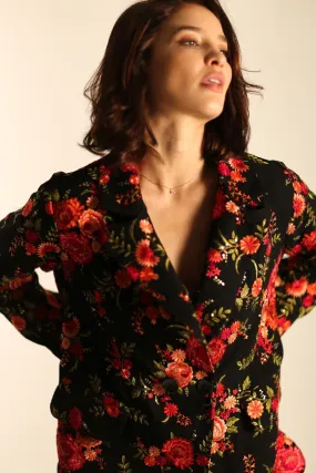 Black Rose Embroidered Novelty Blazer Jacket for Women