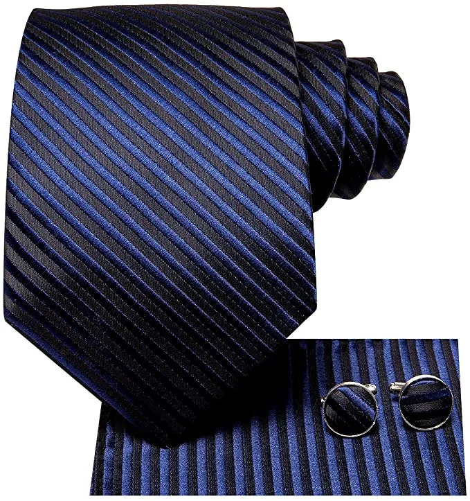 Blue and Black Stripe Silk Tie Set-DUB627