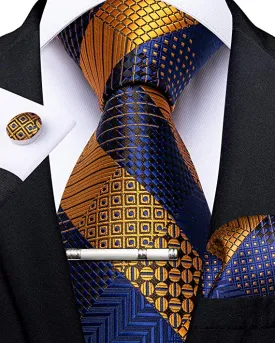 Blue  Gold and Black Silk Necktie Set-DBG484