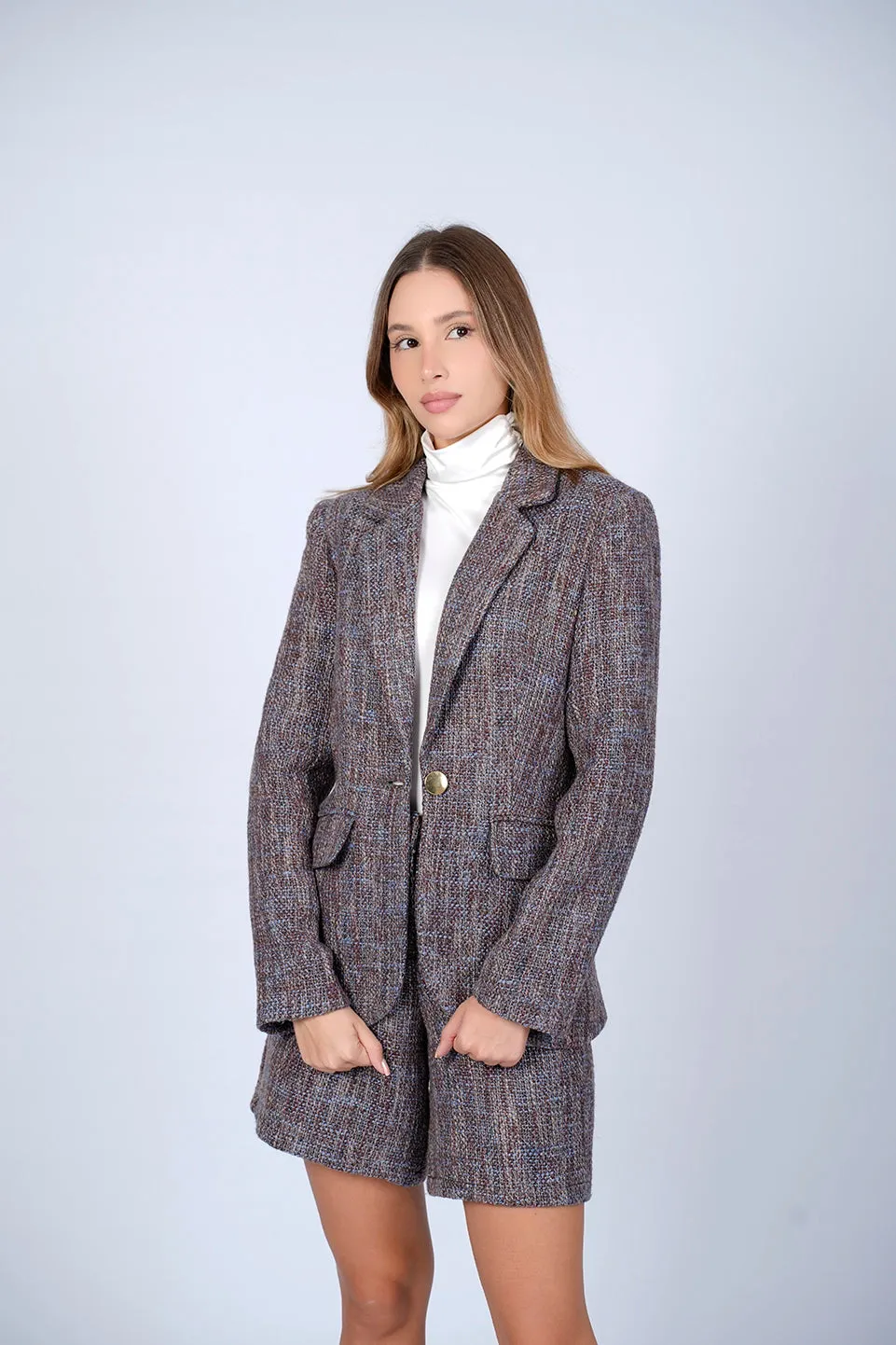 Brown Classic Short With Blazer Set