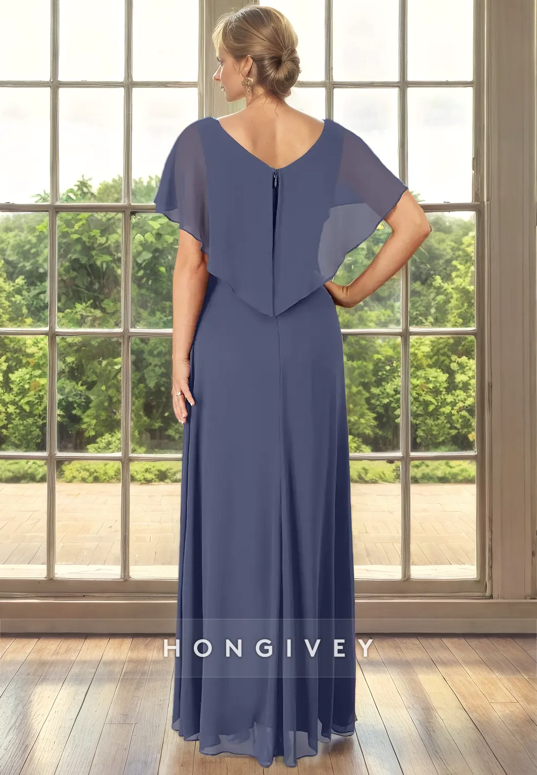 Casual A-Line V-Neck With Bolero Chiffon Mother of the Bride Dress