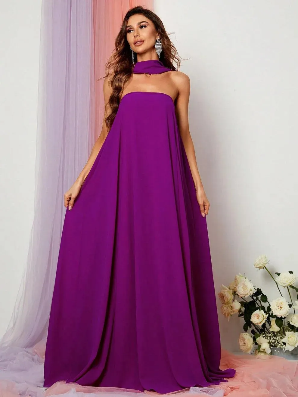 Choker Neck A Line Chiffon Dress