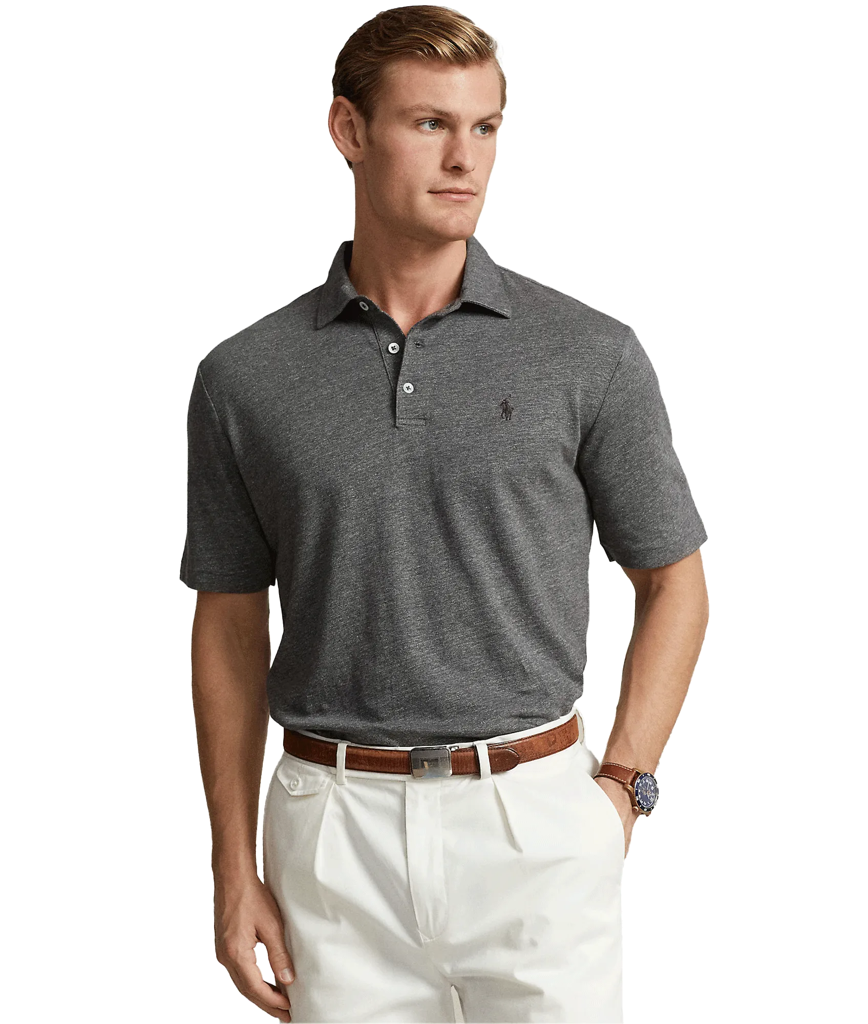 Classic Fit Cotton-linen Mesh Polo Shirt - Grey