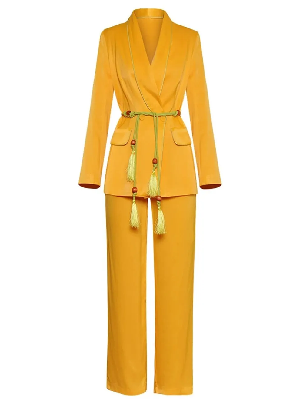 DALIDA Double-breasted Satin Blazer   Pants Matching Set in Gold