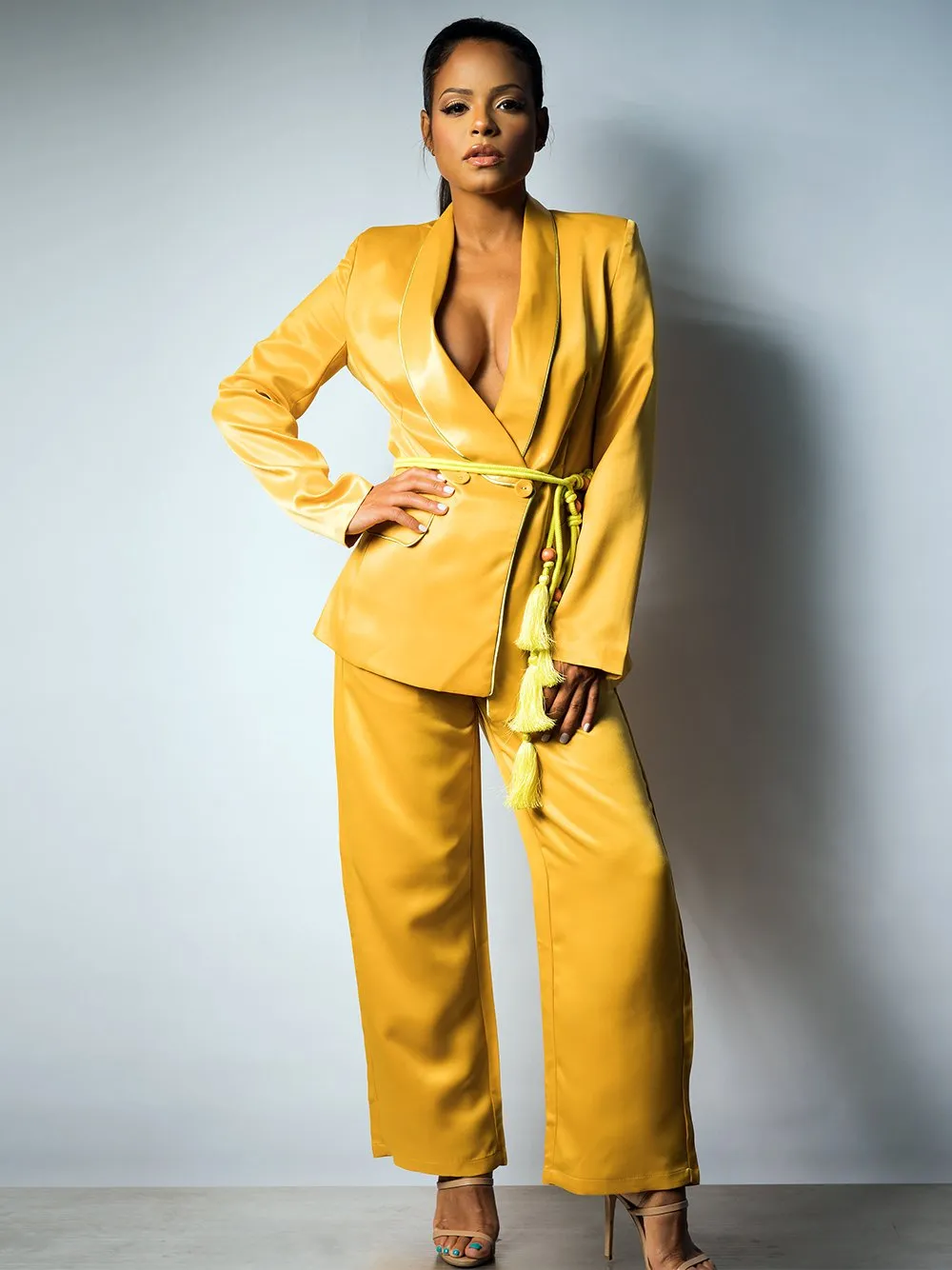 DALIDA Double-breasted Satin Blazer   Pants Matching Set in Gold