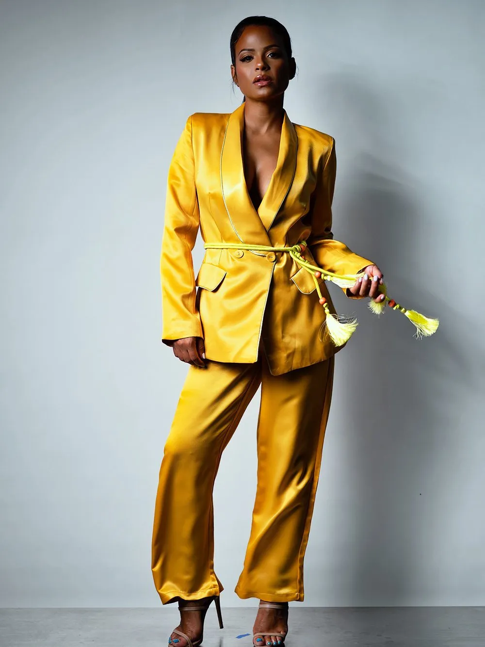 DALIDA Double-breasted Satin Blazer   Pants Matching Set in Gold