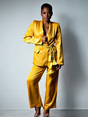 DALIDA Double-breasted Satin Blazer   Pants Matching Set in Gold