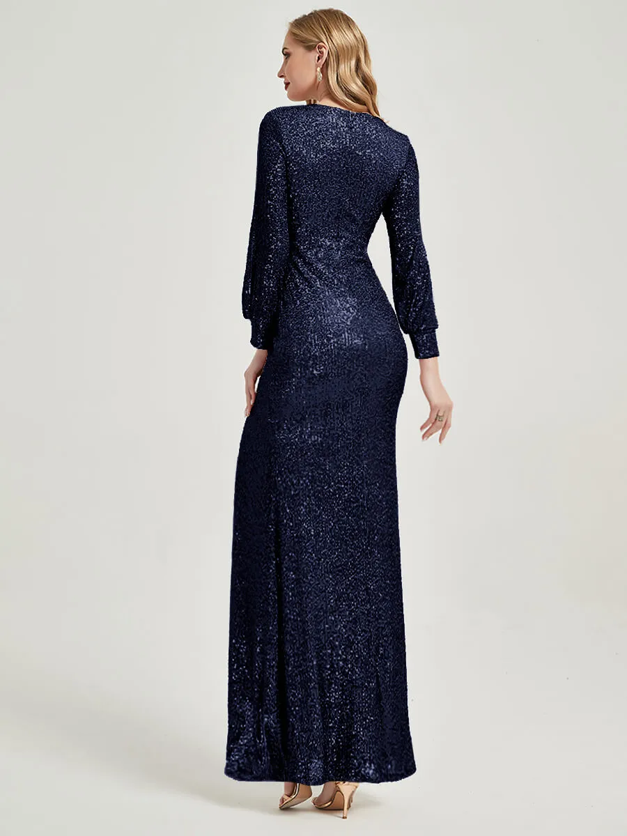 Dark Navy Sequin Long Sleeves Maxi Mermaid Evening Dress With Slit