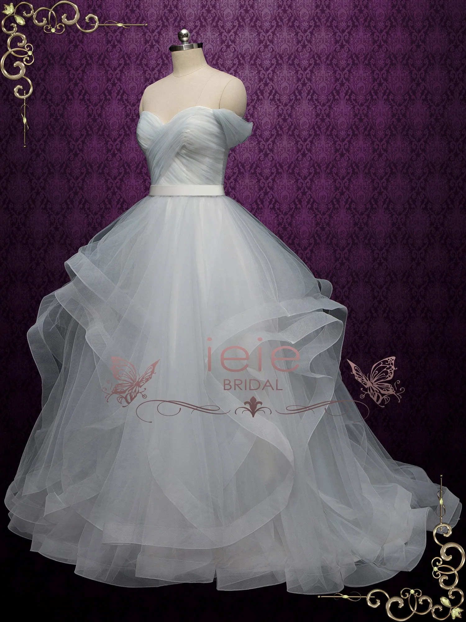 Dove Gray Wedding Dress with Off the Shoulder Neckline ESME