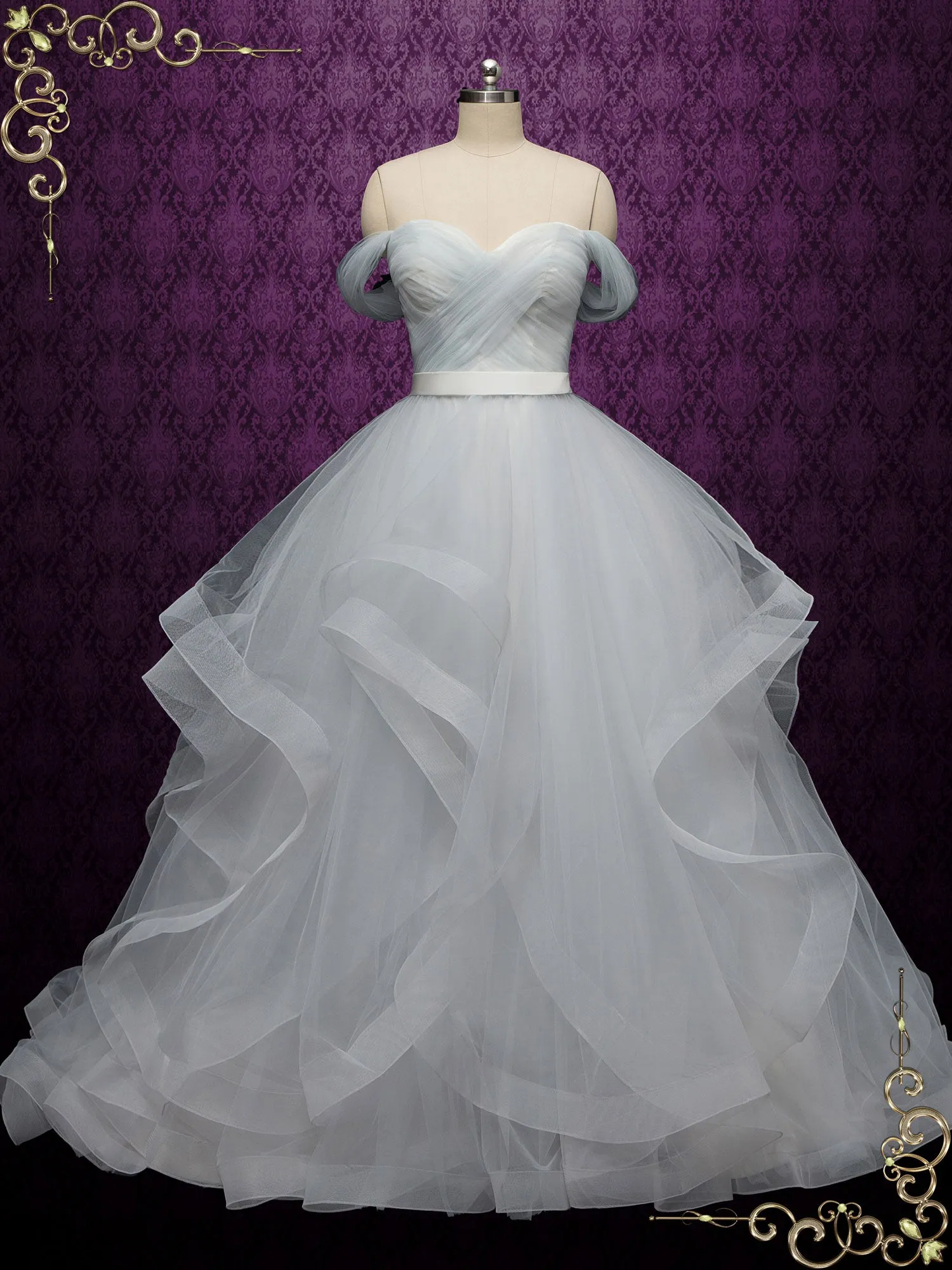 Dove Gray Wedding Dress with Off the Shoulder Neckline ESME