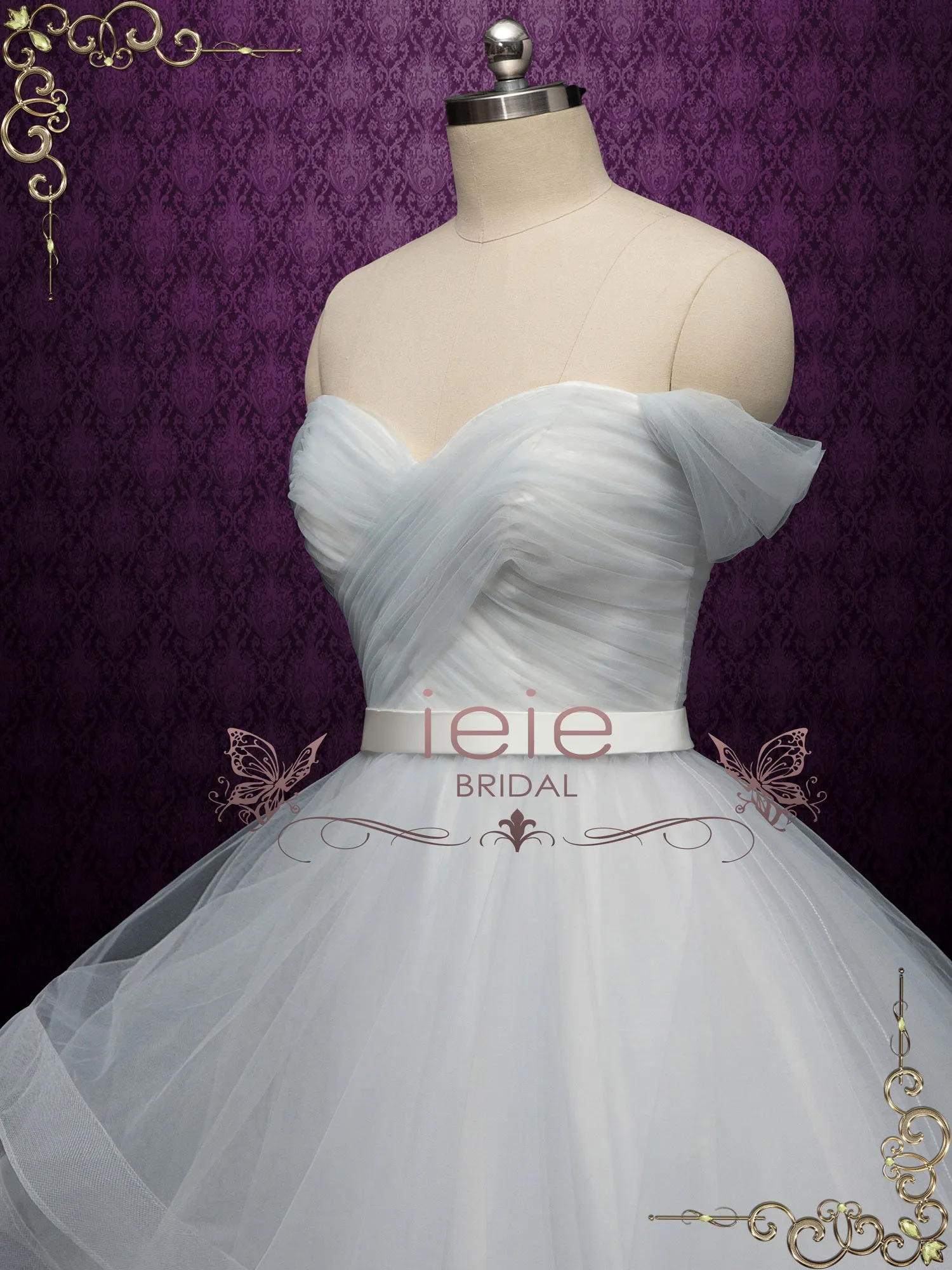 Dove Gray Wedding Dress with Off the Shoulder Neckline ESME
