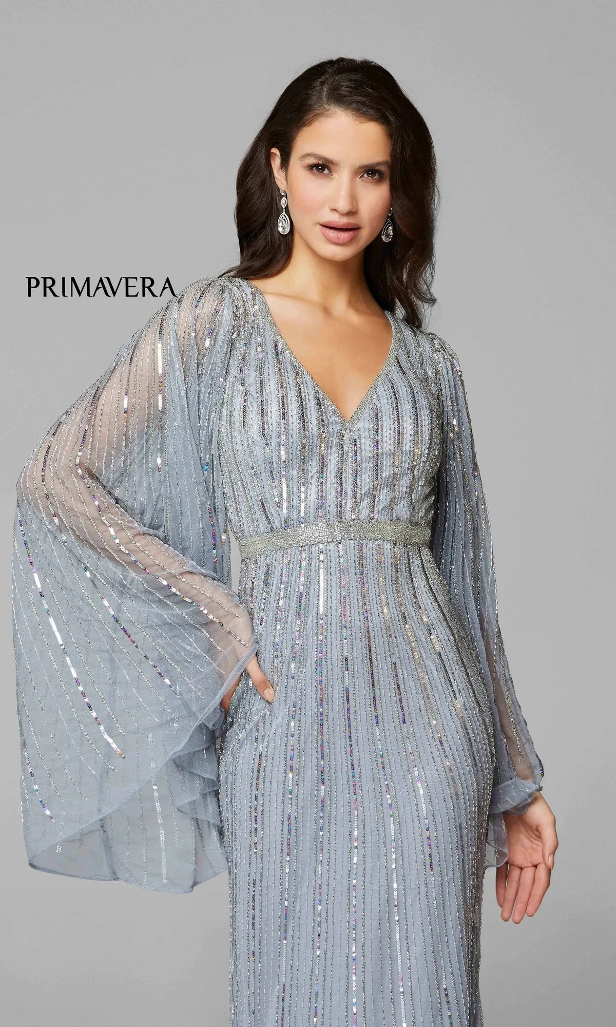 Dramatic Long-Sleeve Beaded Long Evening Gown 3672