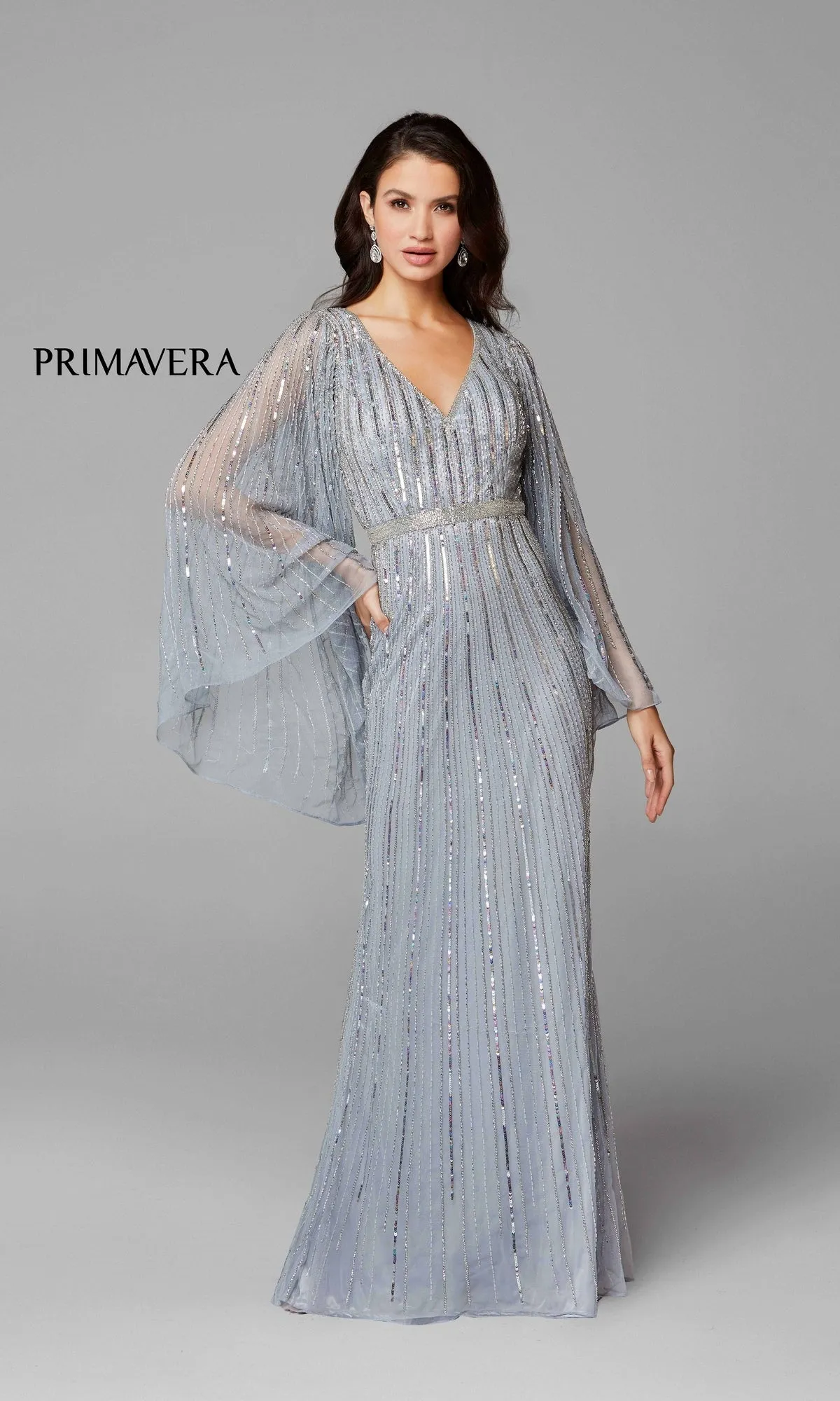 Dramatic Long-Sleeve Beaded Long Evening Gown 3672
