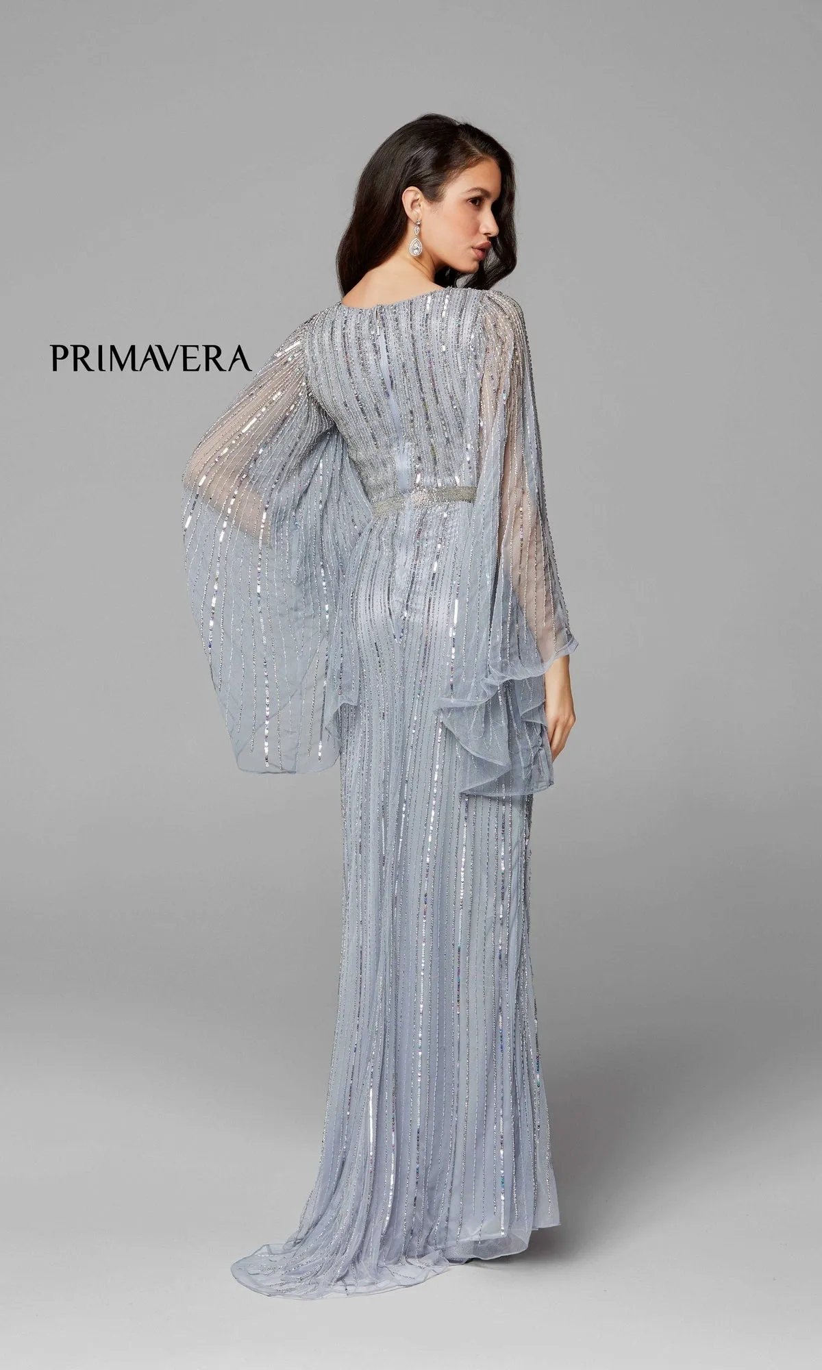 Dramatic Long-Sleeve Beaded Long Evening Gown 3672