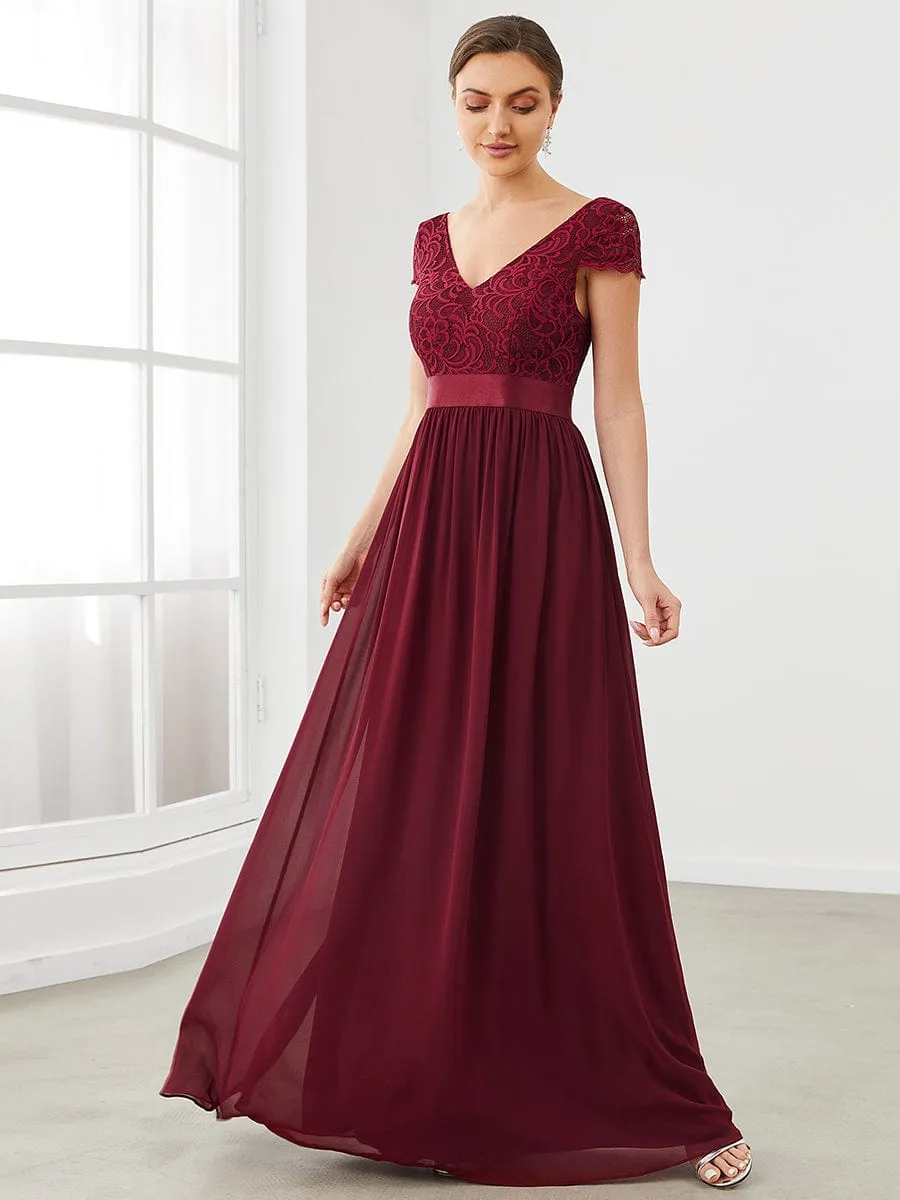 Elegant Lace V-Neck Short Sleeves Chiffon Mother of the Bride Dress