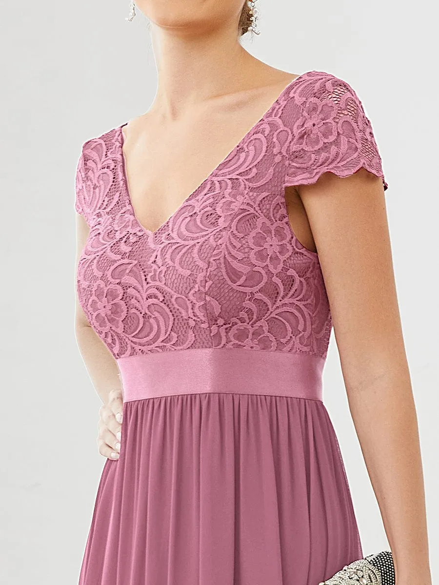 Elegant Lace V-Neck Short Sleeves Chiffon Mother of the Bride Dress