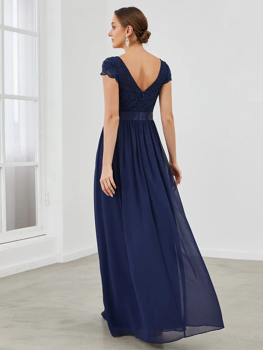Elegant Lace V-Neck Short Sleeves Chiffon Mother of the Bride Dress