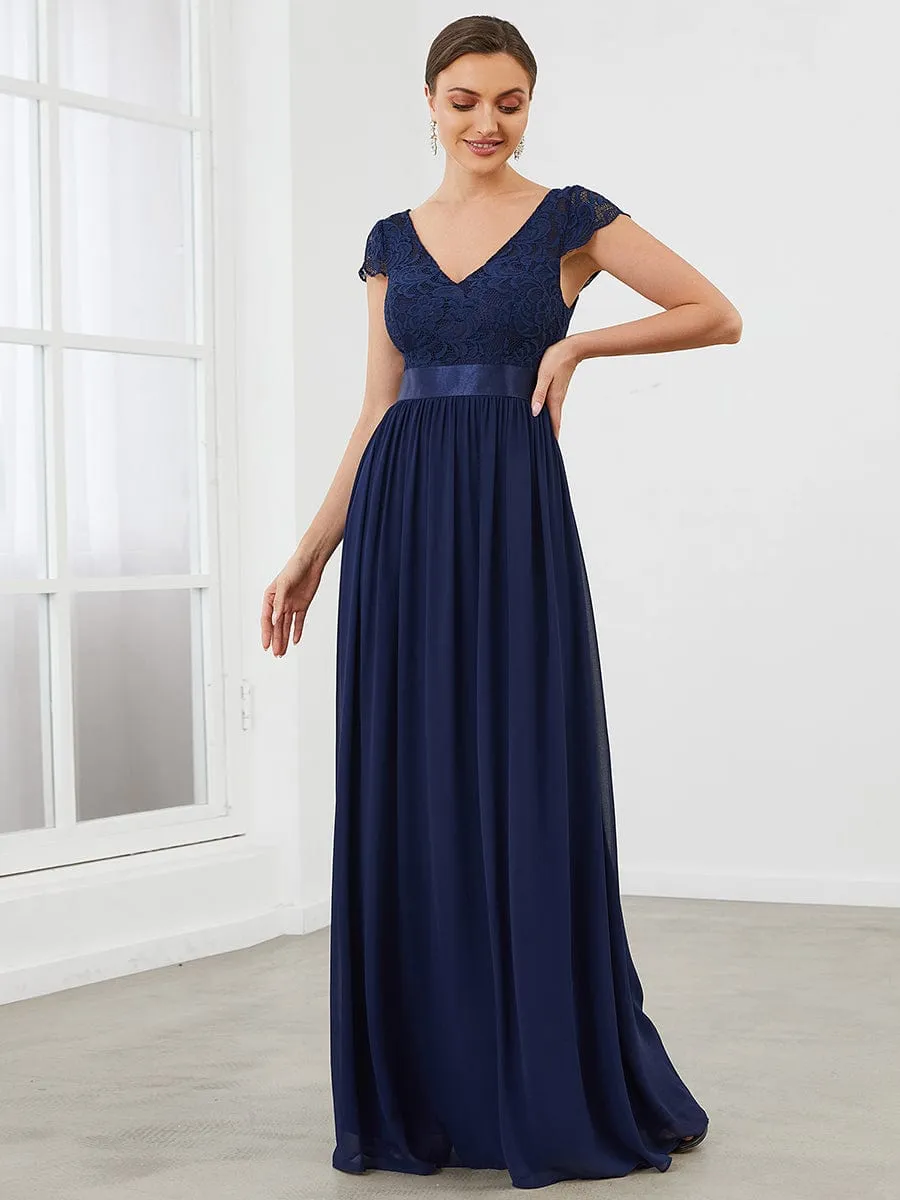 Elegant Lace V-Neck Short Sleeves Chiffon Mother of the Bride Dress