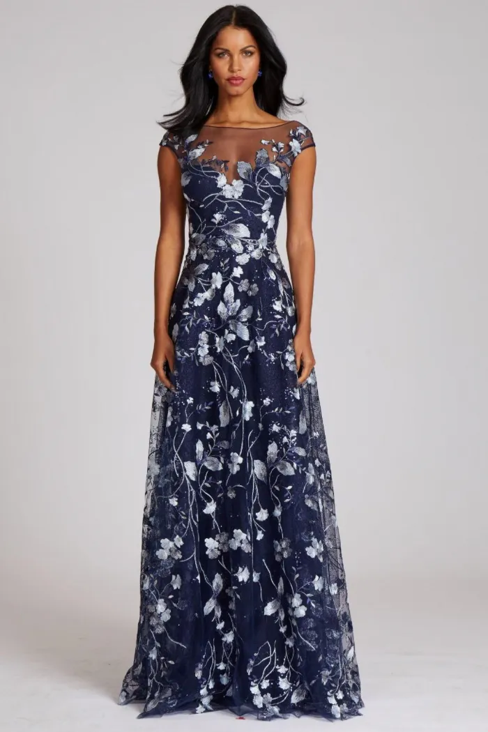 Elegant Embroidered Lace Illusion Evening Gown