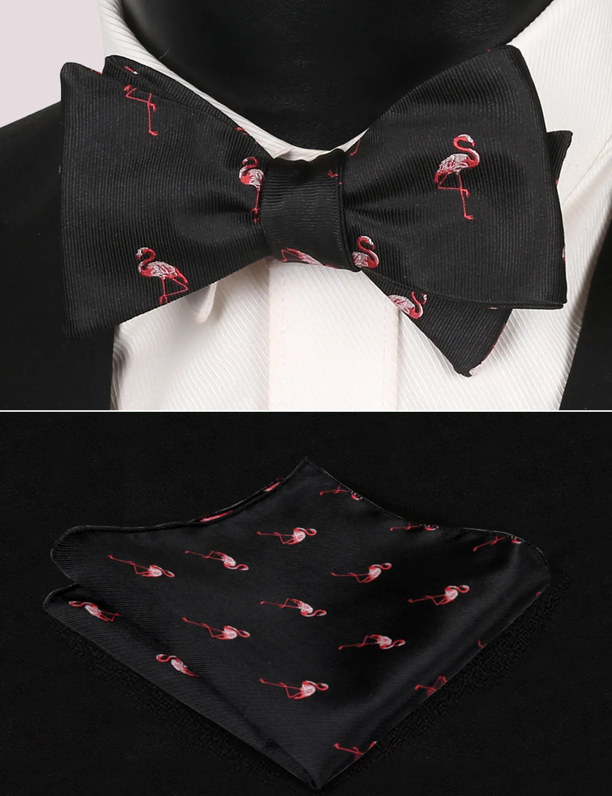 Flamingo Patterned SELF-TIED Bowtie and Hanky for Wedding-047