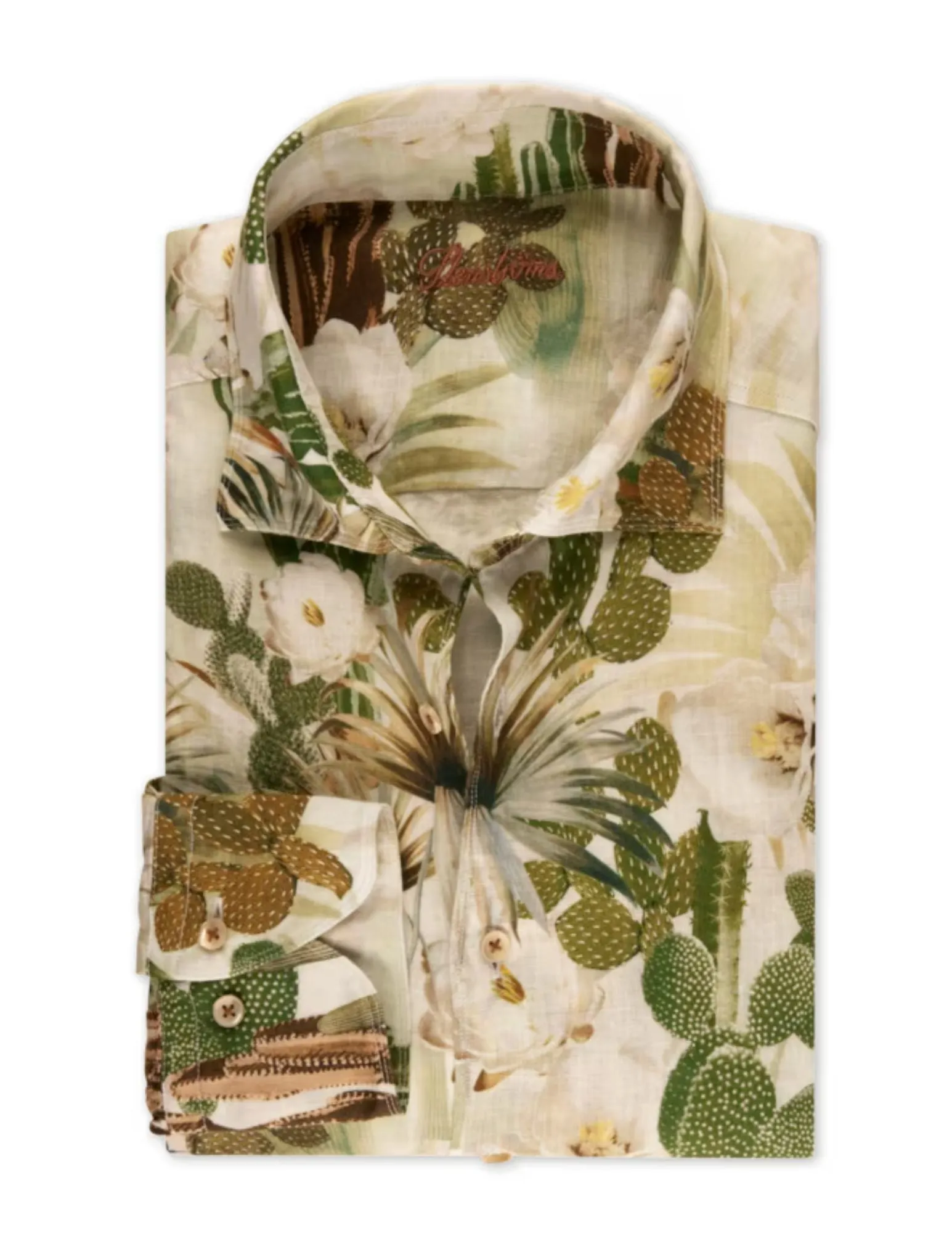 Green Floral and Succulent  Linen Shirt | Fitted Body