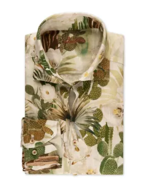 Green Floral and Succulent  Linen Shirt | Fitted Body