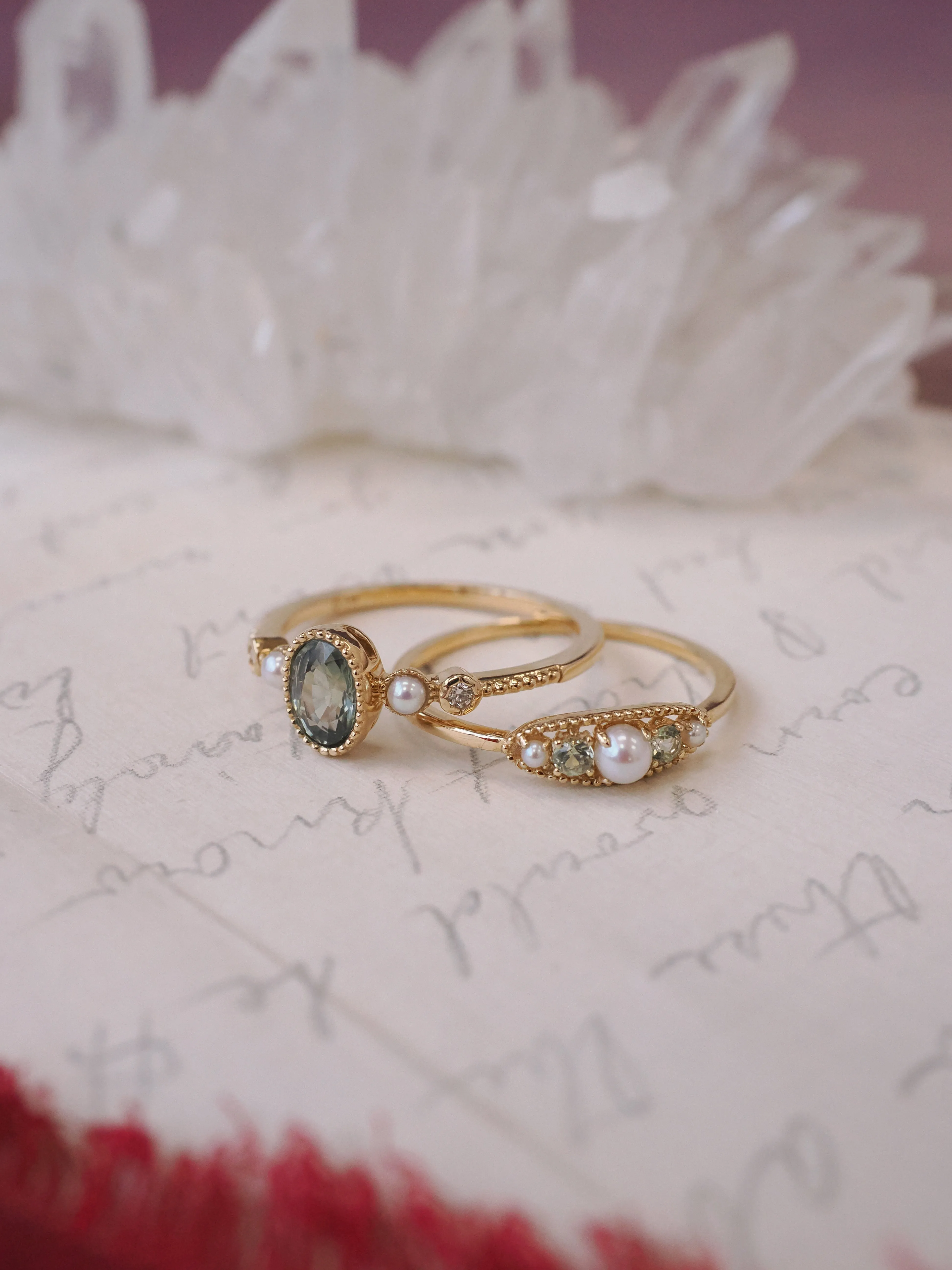 Green Sapphire & Pearl 14K Gold Ring - Victoria