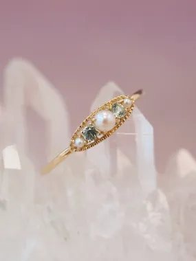 Green Sapphire & Pearl 14K Gold Ring - Victoria