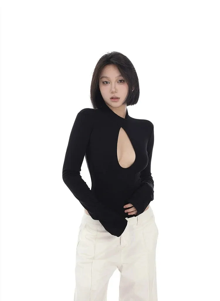 Keyhole Cutout Mock Neck Long Sleeve Bodysuit