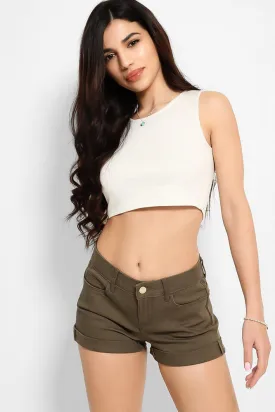 Khaki Rolled Hem Classic Summer Hotpants
