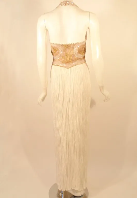 MARY MCFADDEN Couture Gold & White Beaded Halter Neck Gown