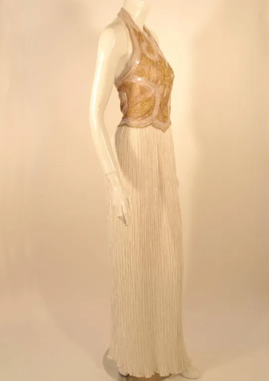 MARY MCFADDEN Couture Gold & White Beaded Halter Neck Gown