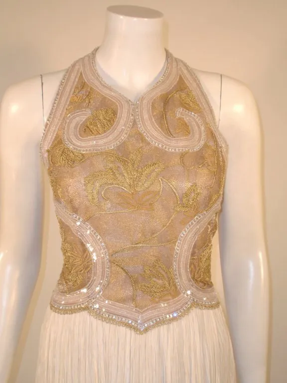 MARY MCFADDEN Couture Gold & White Beaded Halter Neck Gown