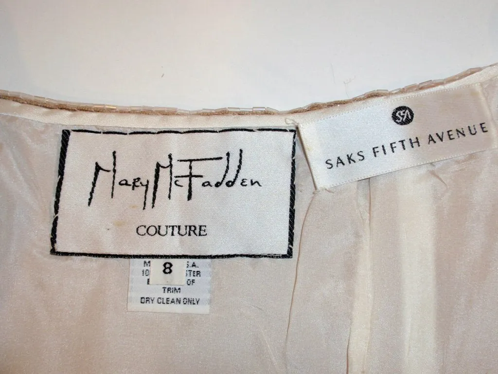 MARY MCFADDEN Couture Gold & White Beaded Halter Neck Gown
