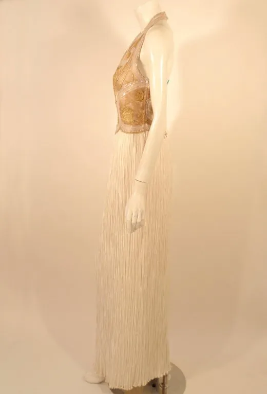 MARY MCFADDEN Couture Gold & White Beaded Halter Neck Gown