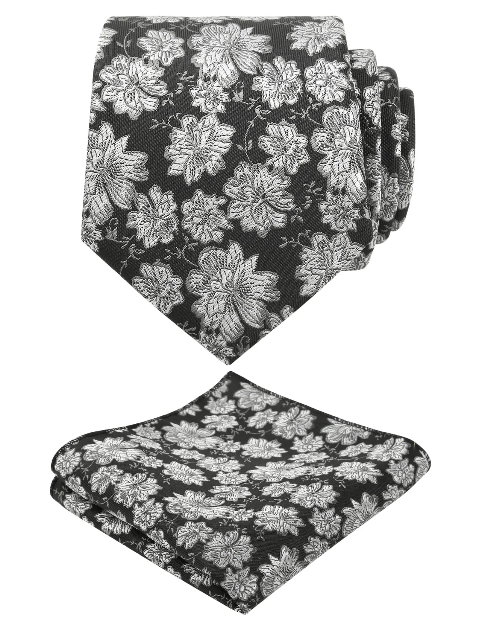 Men's 3.15inches Rose Flower Pattern Tie with Floral Printed Pocket Square Set, 145