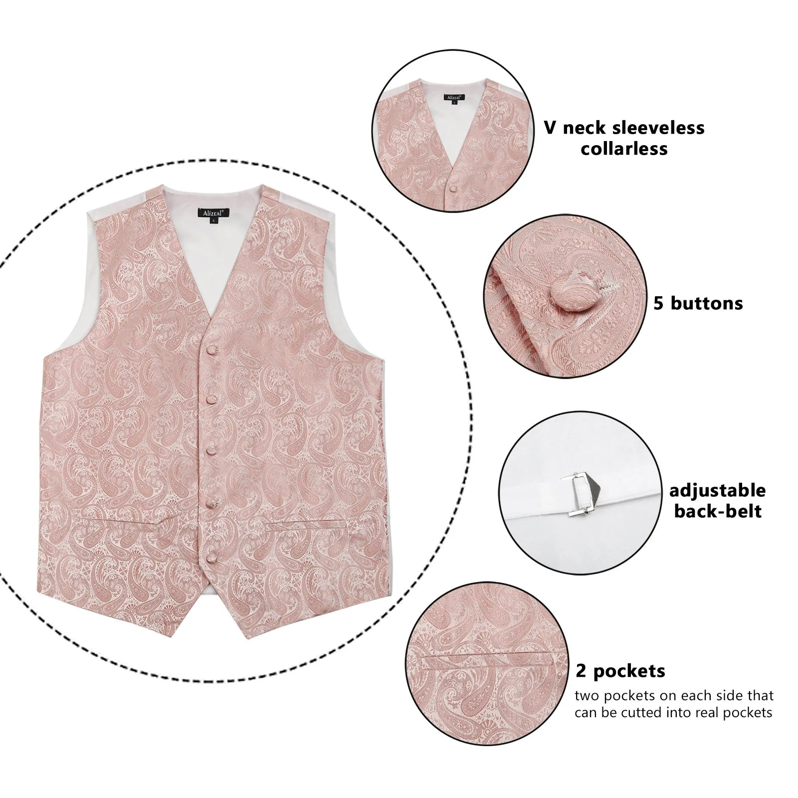 Men's 5pcs Paisley Suit Vest Classic Jacquard Button-Down Waistcoat Set, 185-Blush Pink