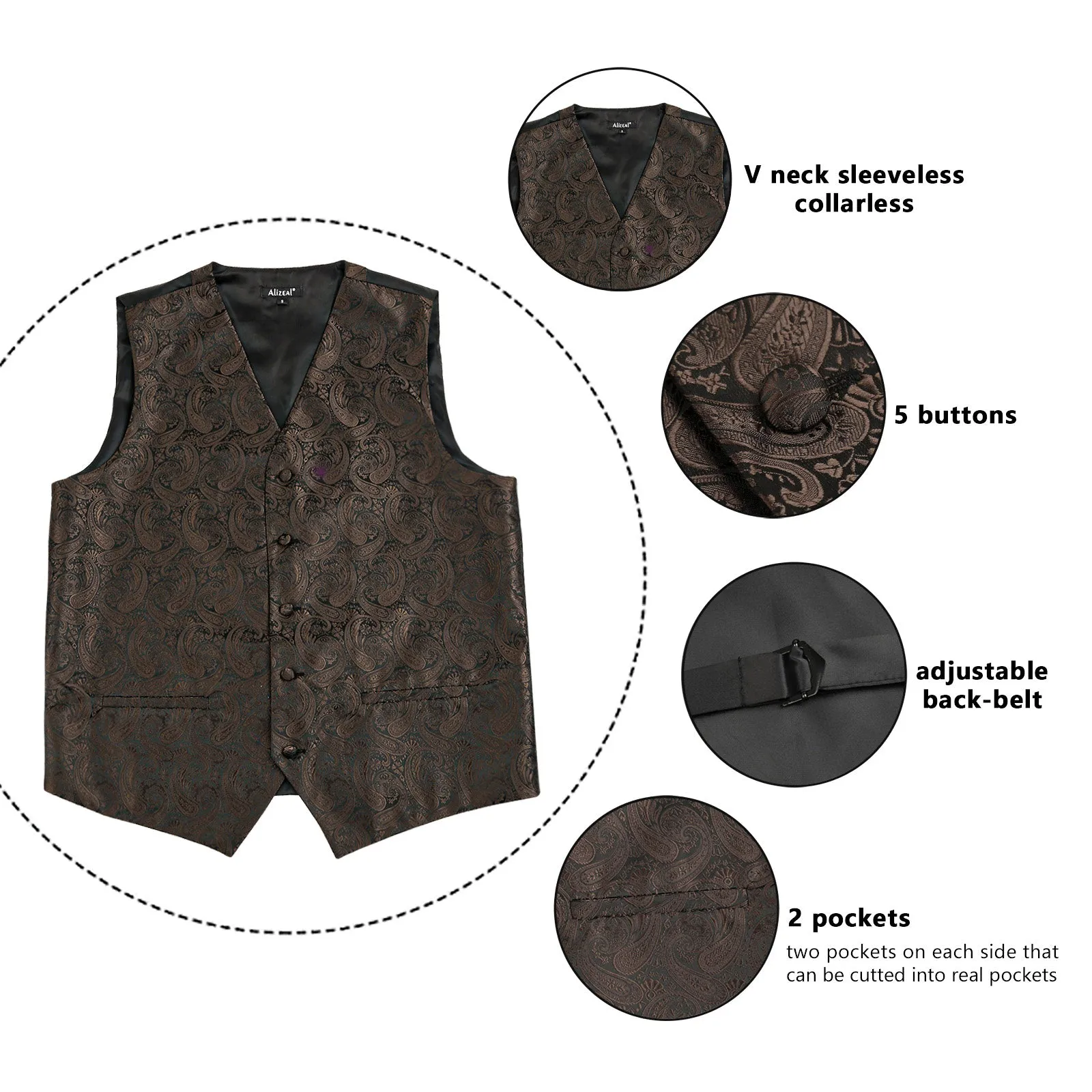 Men's 5pcs Paisley Suit Vest Classic Jacquard Button-Down Waistcoat Set, 185-Coffee