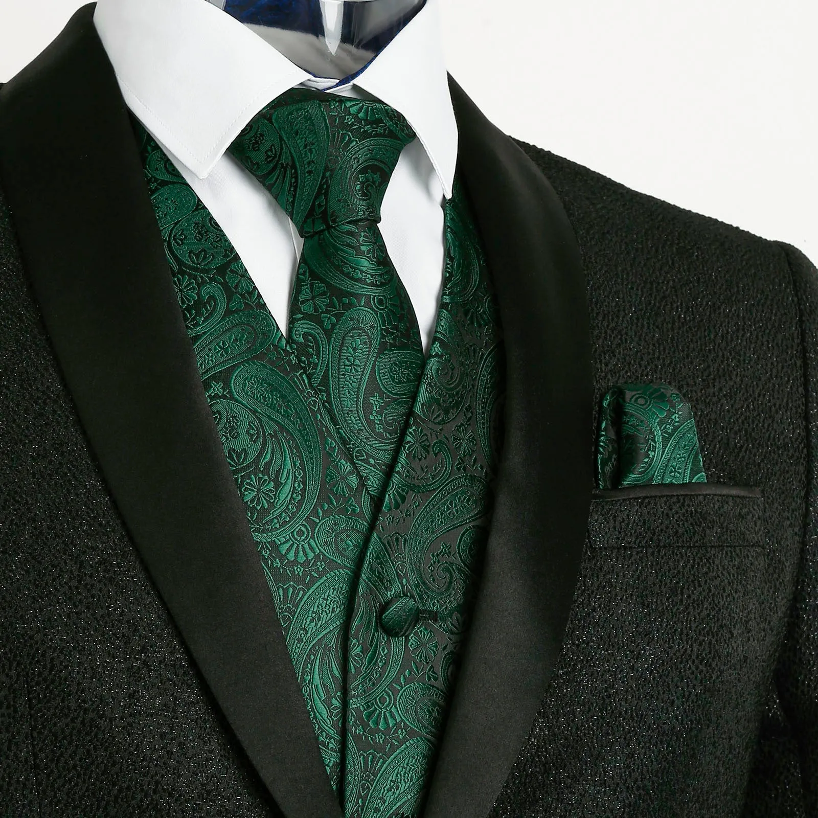 Men's 5pcs Paisley Suit Vest Classic Jacquard Button-Down Waistcoat Set, 185-Dark Green