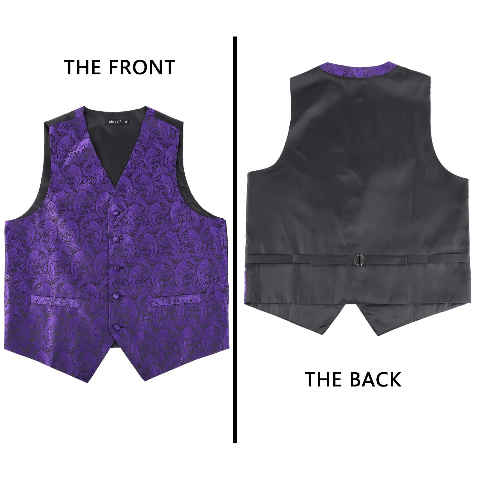 Men's 5pcs Paisley Suit Vest Classic Jacquard Button-Down Waistcoat Set, 185-Dark Purple