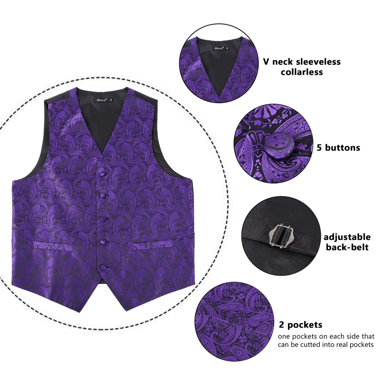 Men's 5pcs Paisley Suit Vest Classic Jacquard Button-Down Waistcoat Set, 185-Dark Purple
