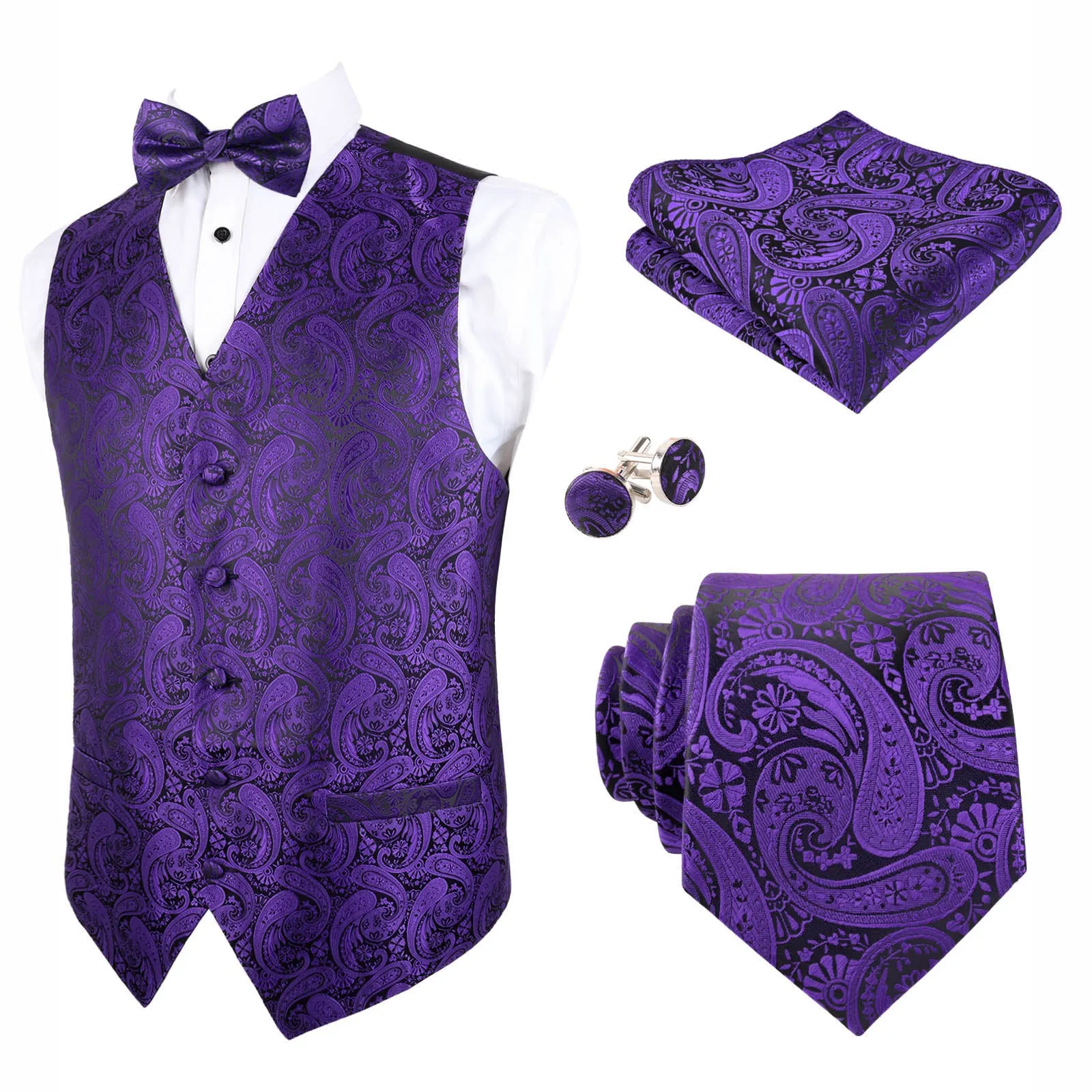 Men's 5pcs Paisley Suit Vest Classic Jacquard Button-Down Waistcoat Set, 185-Dark Purple