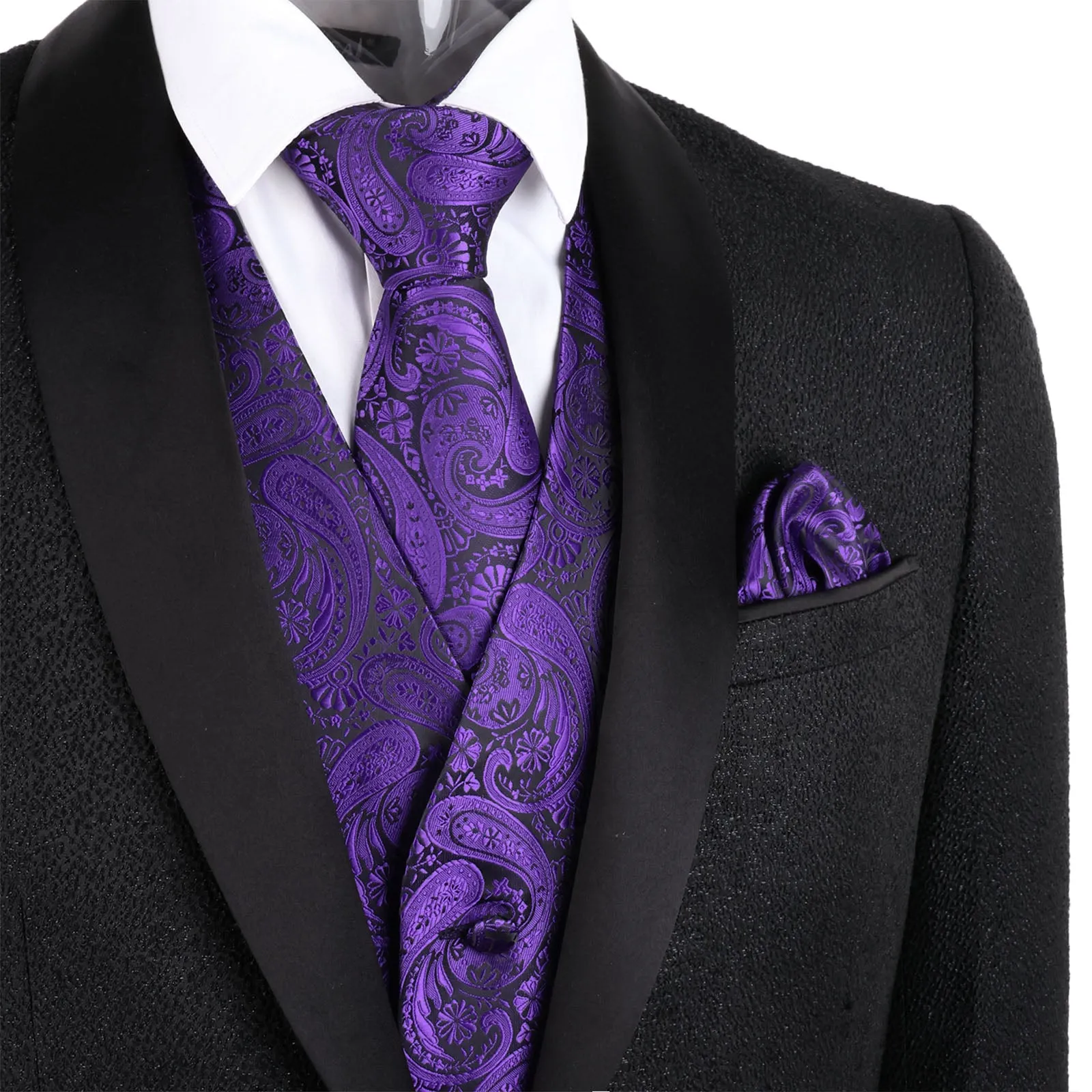Men's 5pcs Paisley Suit Vest Classic Jacquard Button-Down Waistcoat Set, 185-Dark Purple