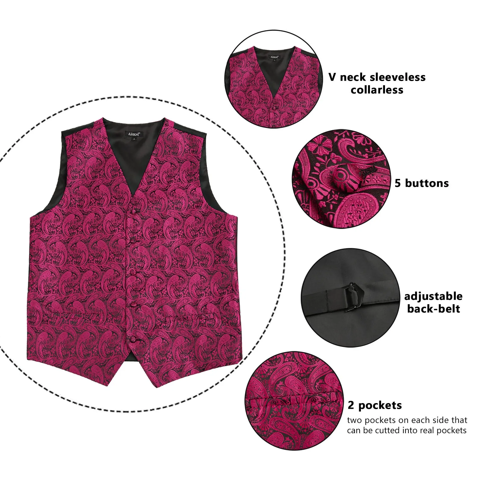 Men's 5pcs Paisley Suit Vest Classic Jacquard Button-Down Waistcoat Set, 185-Hot Pink