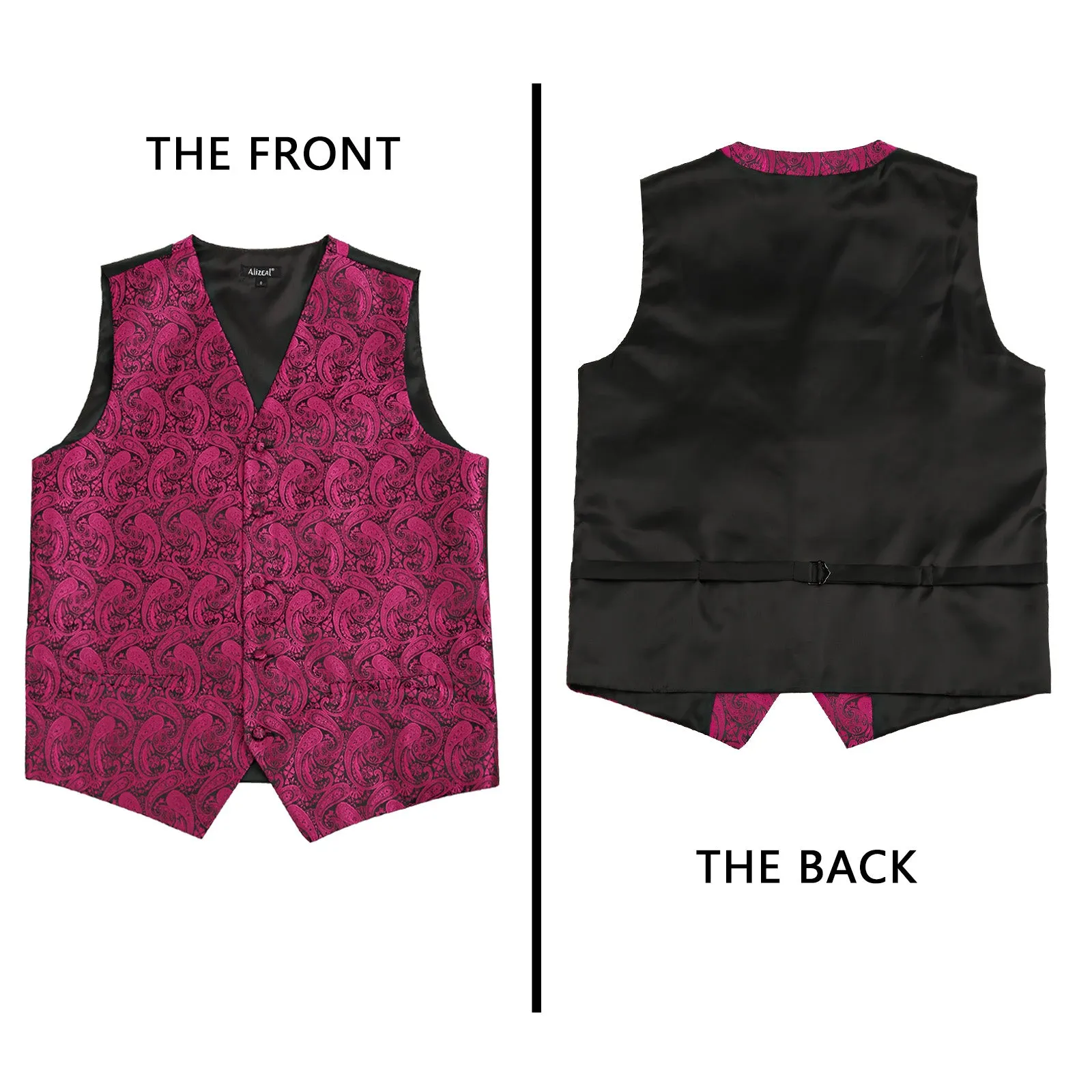 Men's 5pcs Paisley Suit Vest Classic Jacquard Button-Down Waistcoat Set, 185-Hot Pink