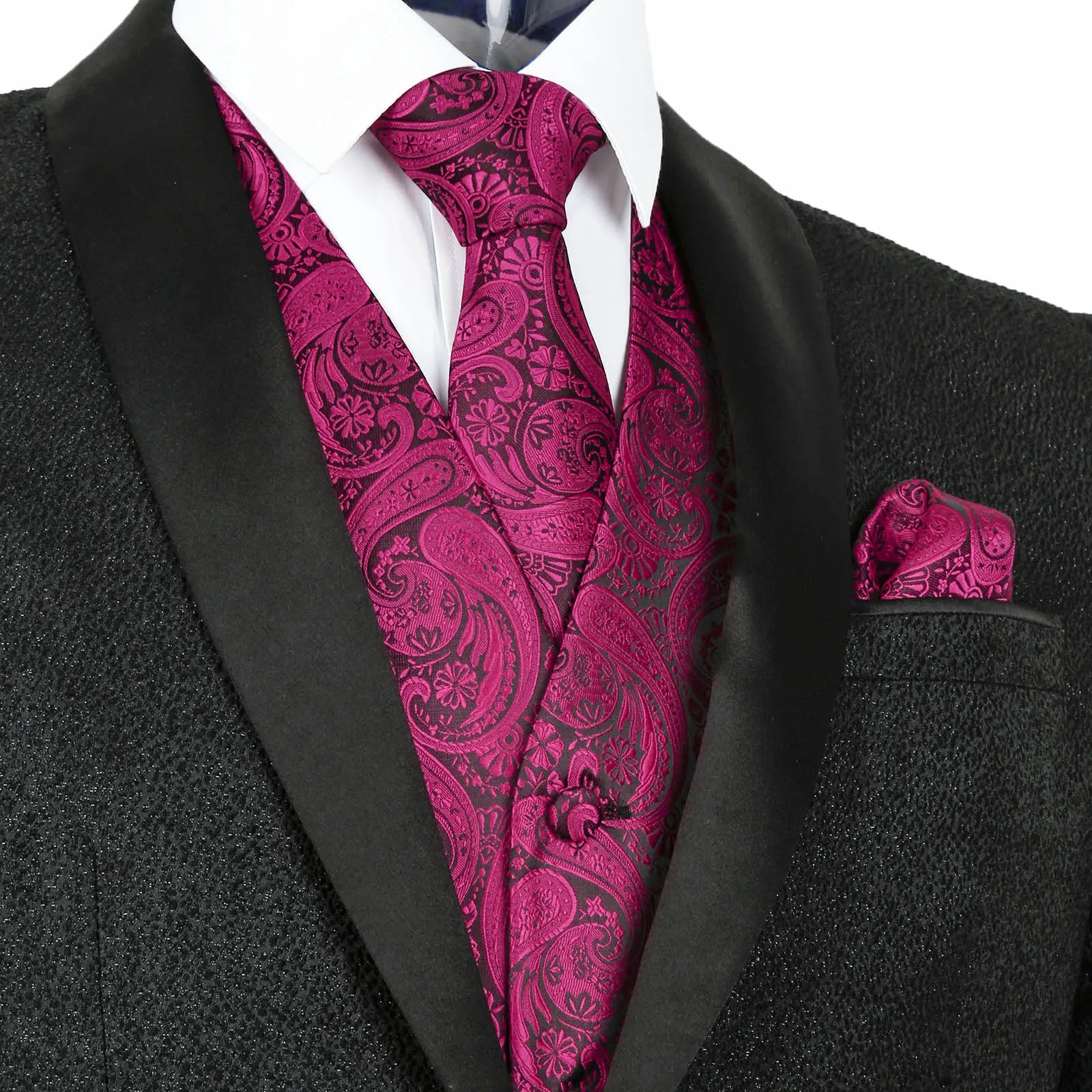 Men's 5pcs Paisley Suit Vest Classic Jacquard Button-Down Waistcoat Set, 185-Hot Pink