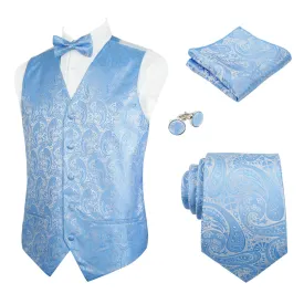Men's 5pcs Paisley Suit Vest Classic Jacquard Button-Down Waistcoat Set, 185-Light Blue