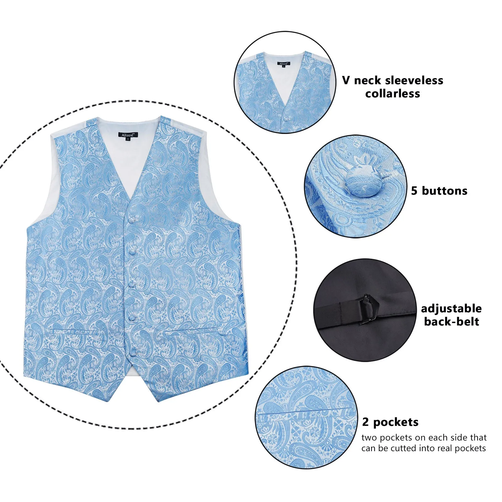 Men's 5pcs Paisley Suit Vest Classic Jacquard Button-Down Waistcoat Set, 185-Light Blue