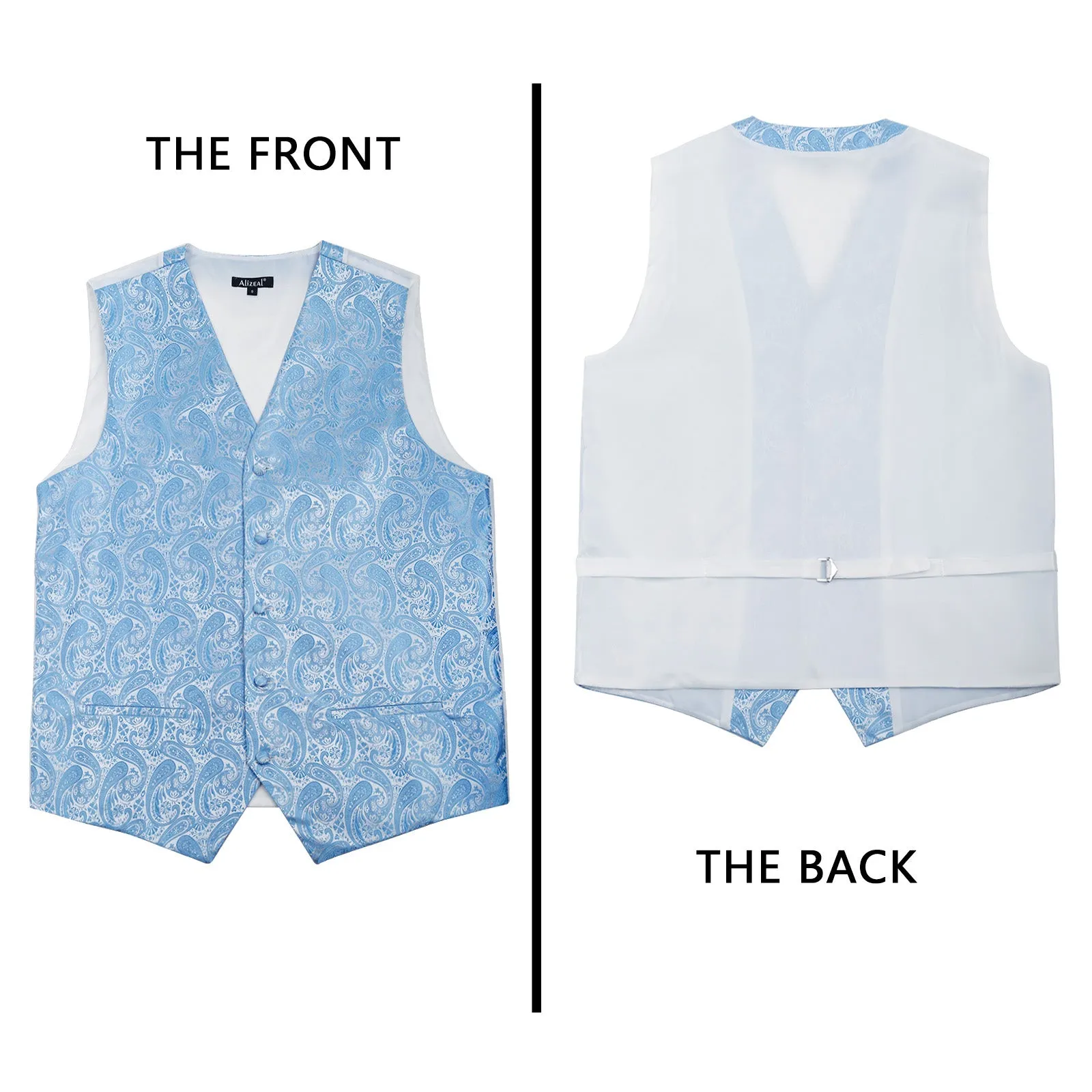 Men's 5pcs Paisley Suit Vest Classic Jacquard Button-Down Waistcoat Set, 185-Light Blue